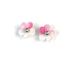 Pair of pink crochet flower earrings on a white background