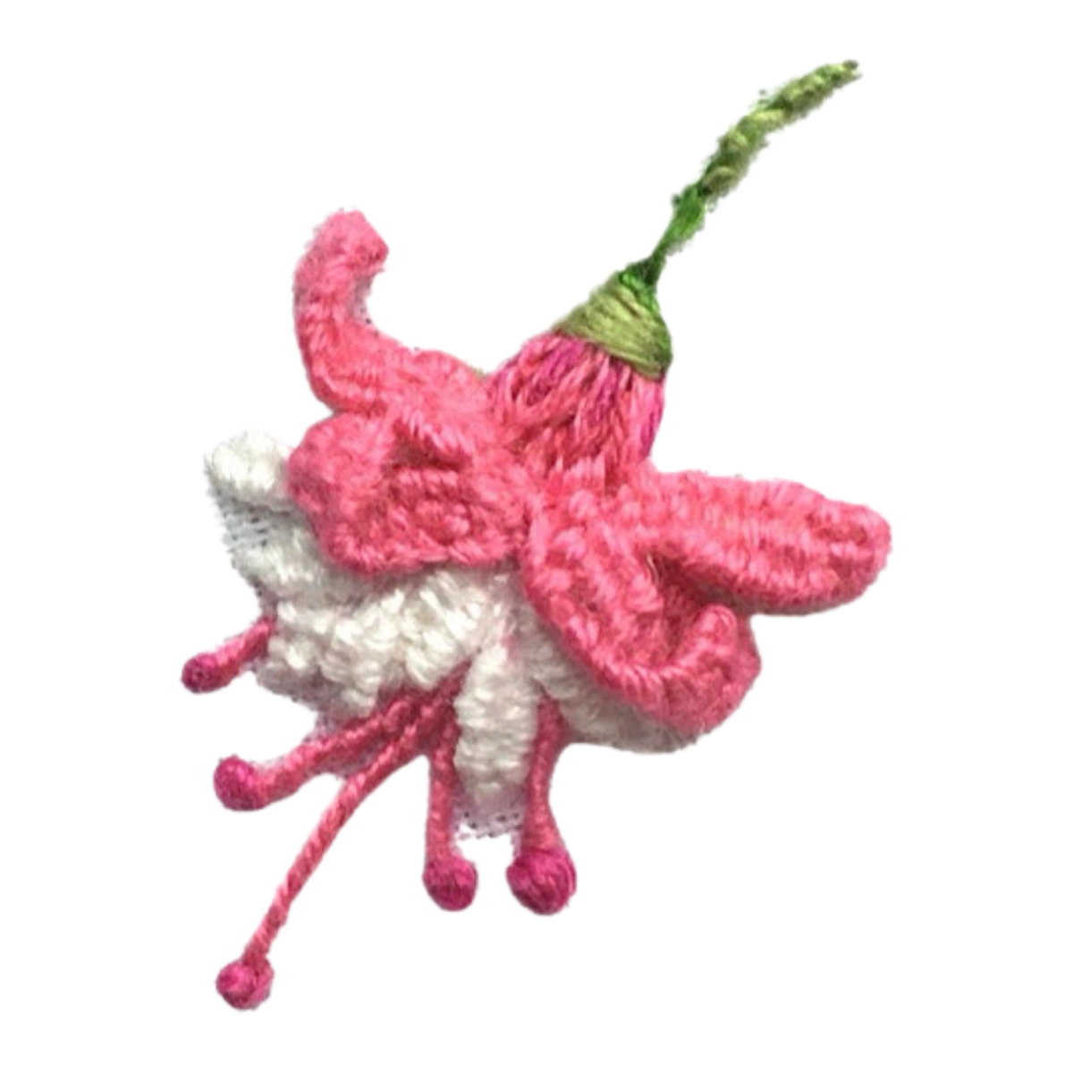 A small crocheted flower ornament or charm in pink and white with a green stem, shown on a plain white background.
